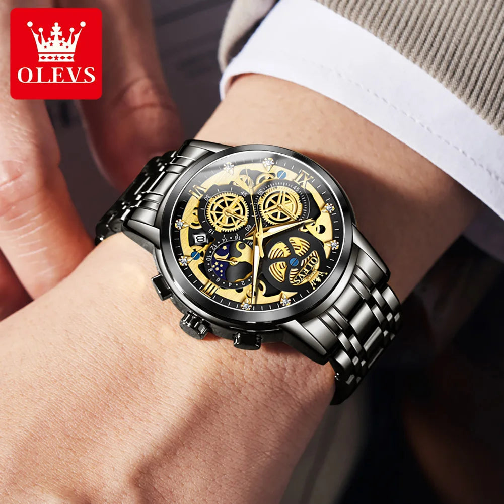 OLEVS Men's Watches Top Brand Luxury Original Waterproof Quartz Watch for Man Gold Skeleton Style 24 Hour Day Night New