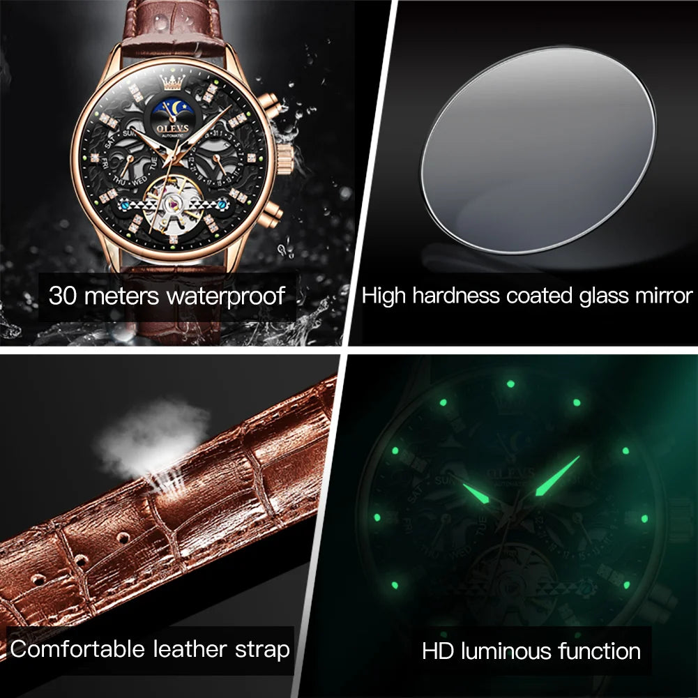 OLEVS 6658 Mens Watch Original Skeleton Multifunctional Chronograph Mechanical Watch Leather Strap Watches For Man Gifts Reloj