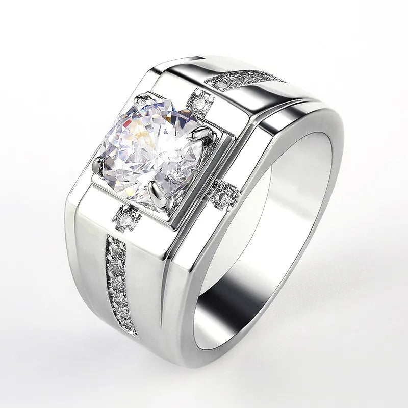 Huitan Luxury Silver Color Round Cubic Zircon Ring for Men..