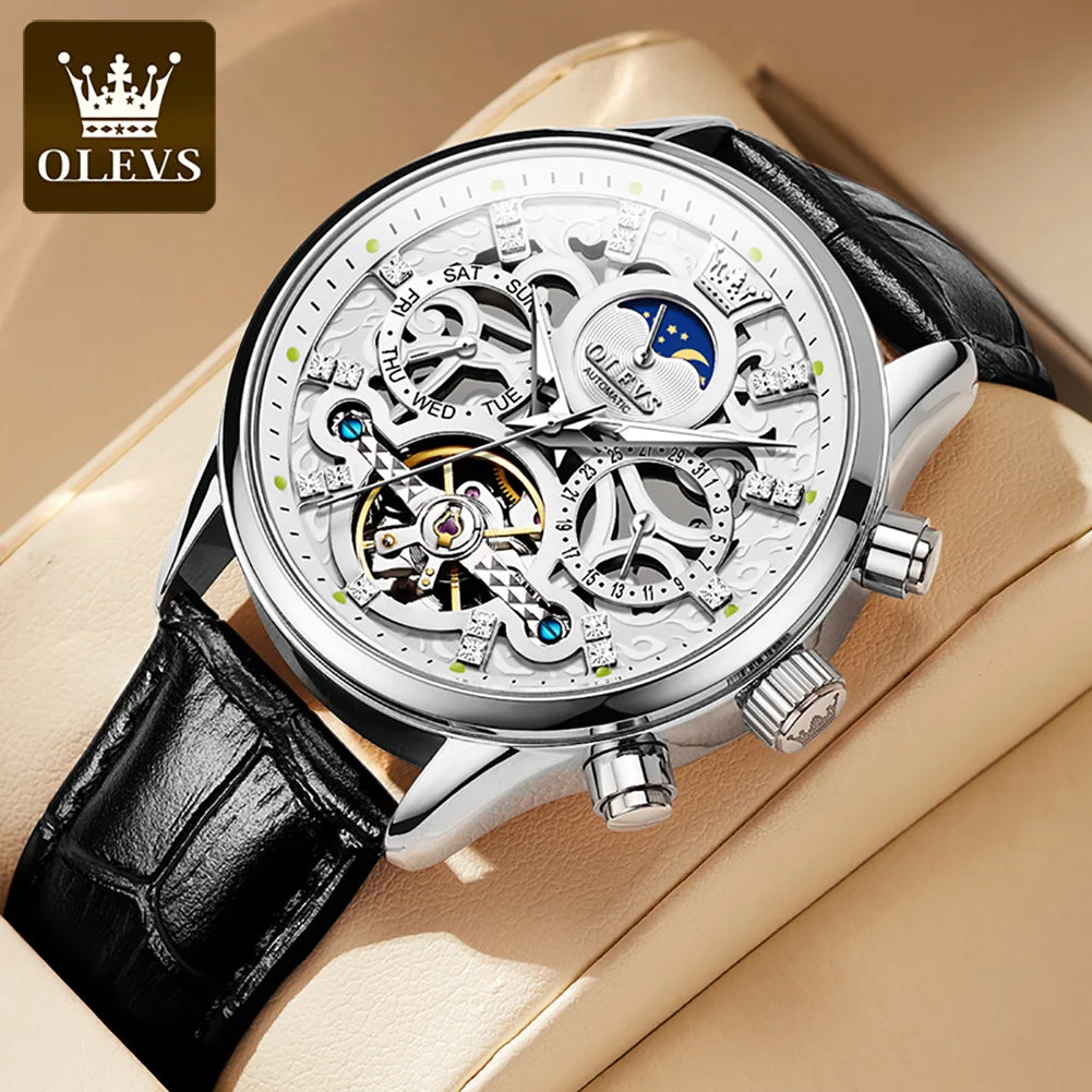 OLEVS 6658 Mens Watch Original Skeleton Multifunctional Chronograph Mechanical Watch Leather Strap Watches For Man Gifts Reloj