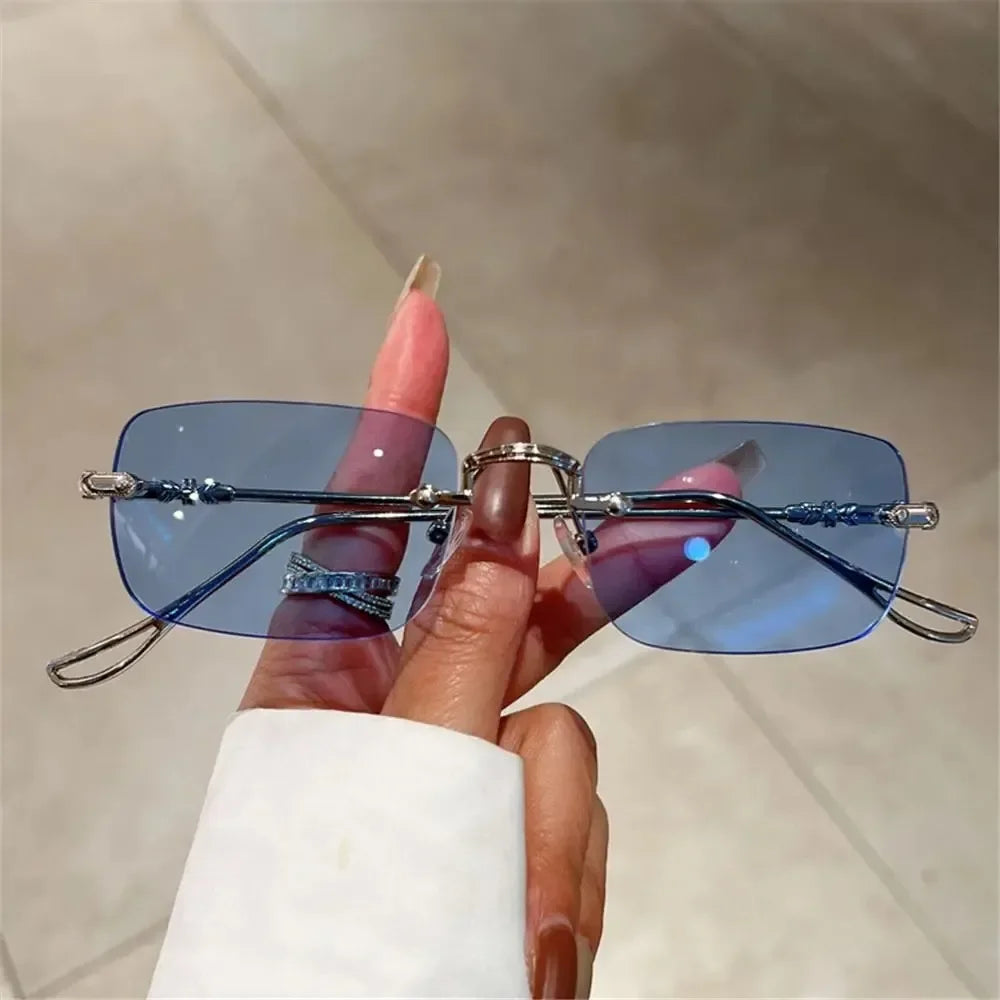 Rimless Rectangle Sunglasses for Men and Women with Vintage Shades