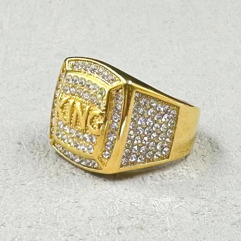 Hip Hop full rhinestone 316L Stainless Steel Gold color King Finger Rings for Men.