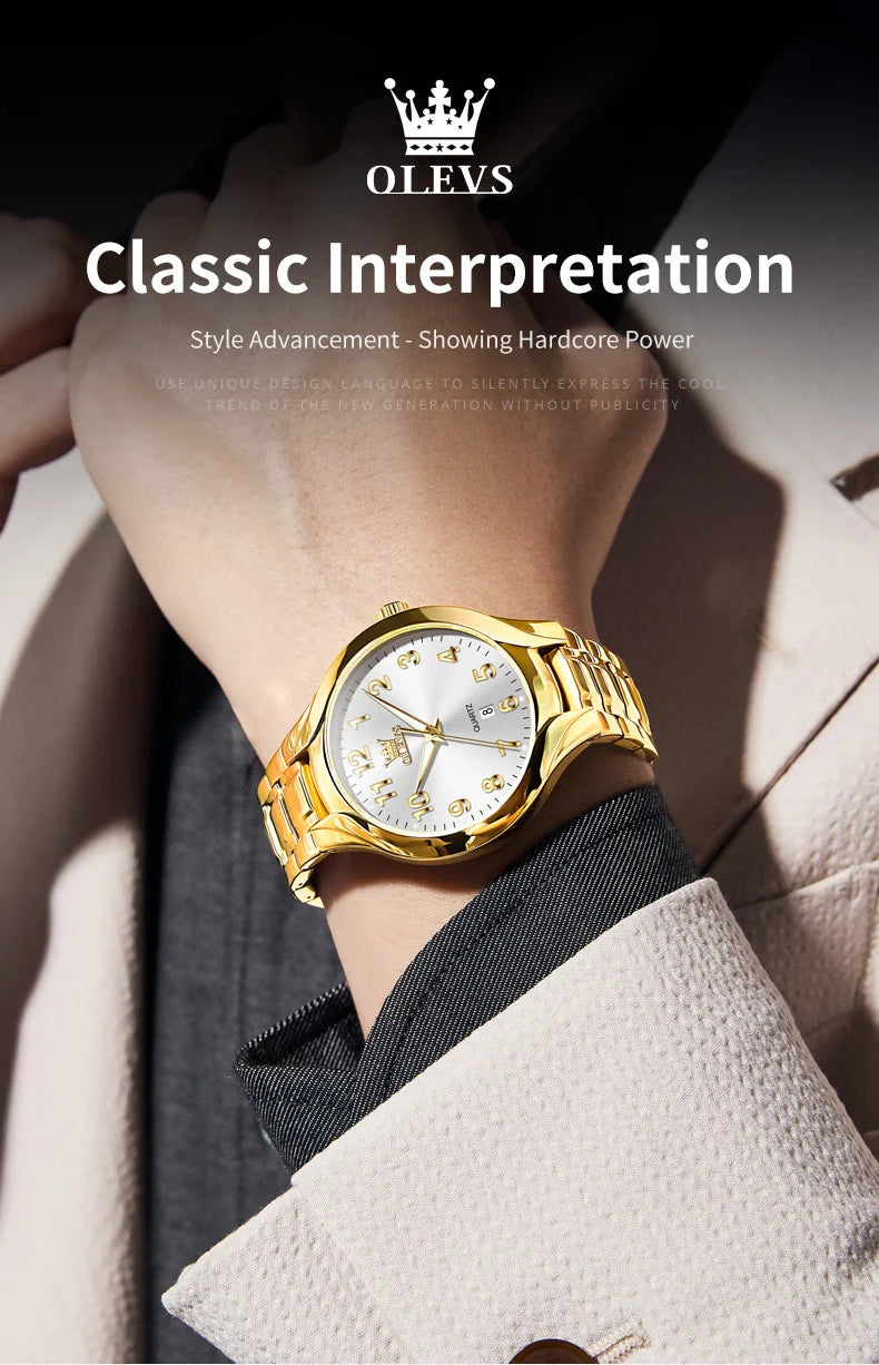 OLEVS 3650 Gold Watches for Men Classic Large Digital Dial Auto Date Waterproof Luminous Original Men's Quartz Wristwatch New