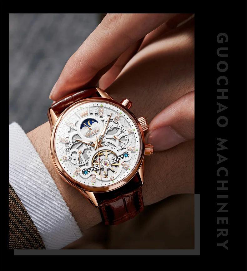 OLEVS 6658 Mens Watch Original Skeleton Multifunctional Chronograph Mechanical Watch Leather Strap Watches For Man Gifts Reloj