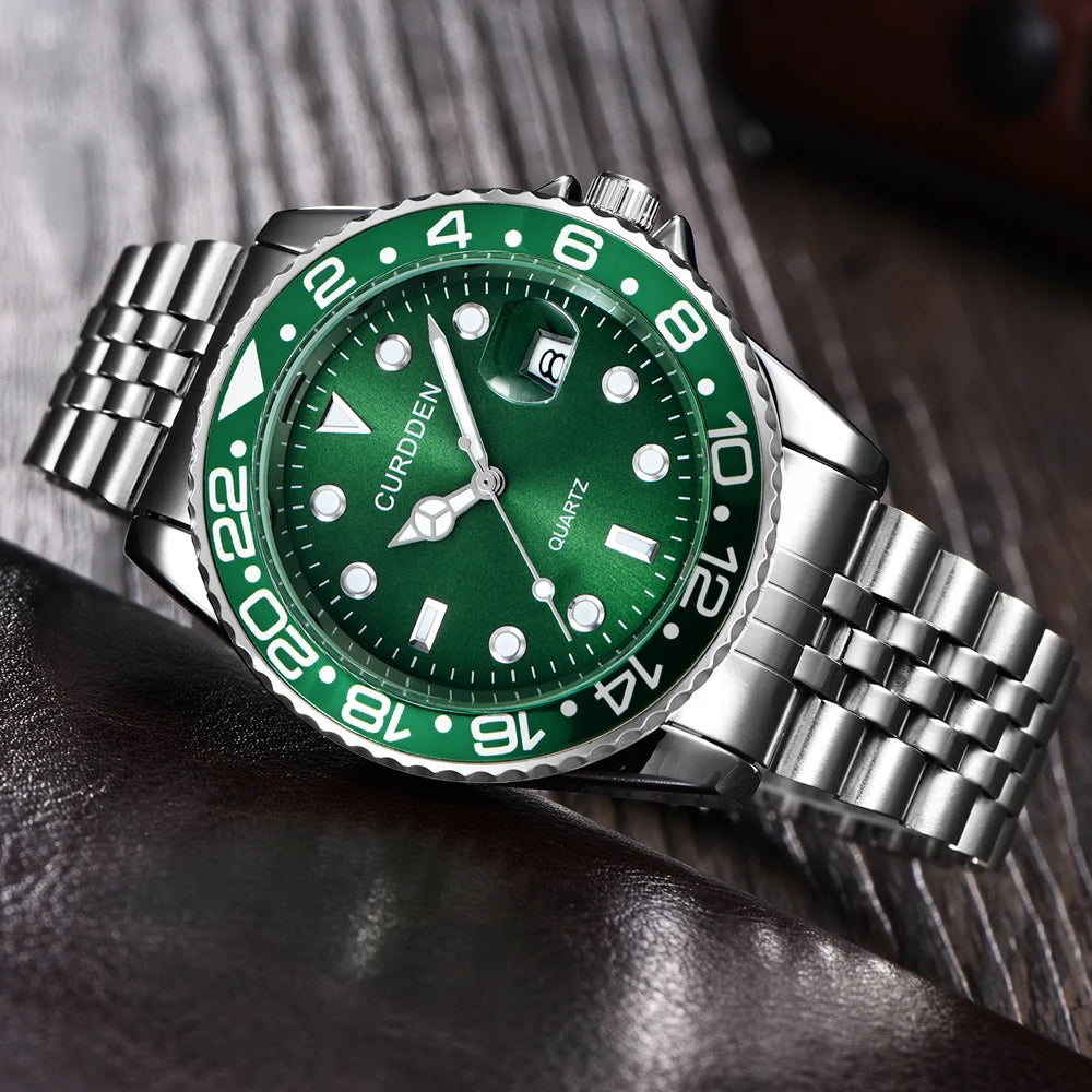 CURDDEN Brand Watches For Men Full Stainless Steel With Golden Date Quartz.