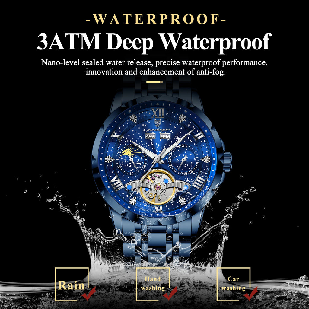 POEDAGAR Luxury Men Wristwatch Fashion Date Hollow Tourbillon Man Clock Automatic Mechanical Stainless Steel Men's Watches Reloj