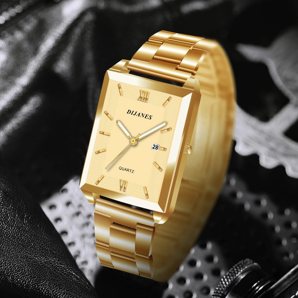 Top Brand Luxury Watches for Men Fashion Quartz Wristwatch Square Gold Stainless Steel Business Clock Relogio Masculino