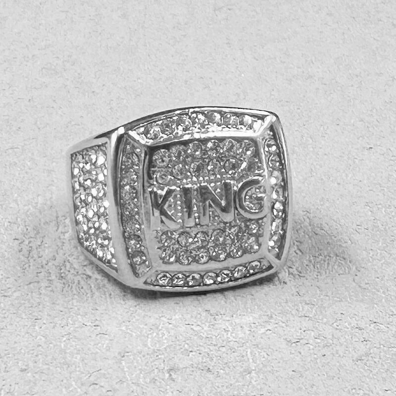 Hip Hop full rhinestone 316L Stainless Steel Gold color King Finger Rings for Men.