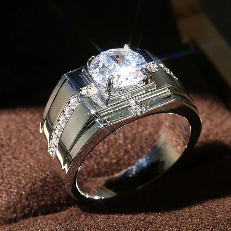 Huitan Luxury Silver Color Round Cubic Zircon Ring for Men..