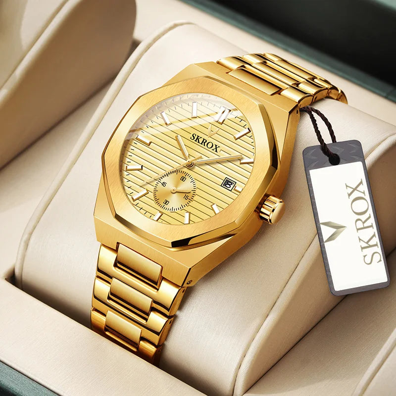 SKROX Official Original Octagonal Date Automatic Watches Top Luxury Man Gold Watch WATERRESISTANT Steel Mechanical Elegant Clock