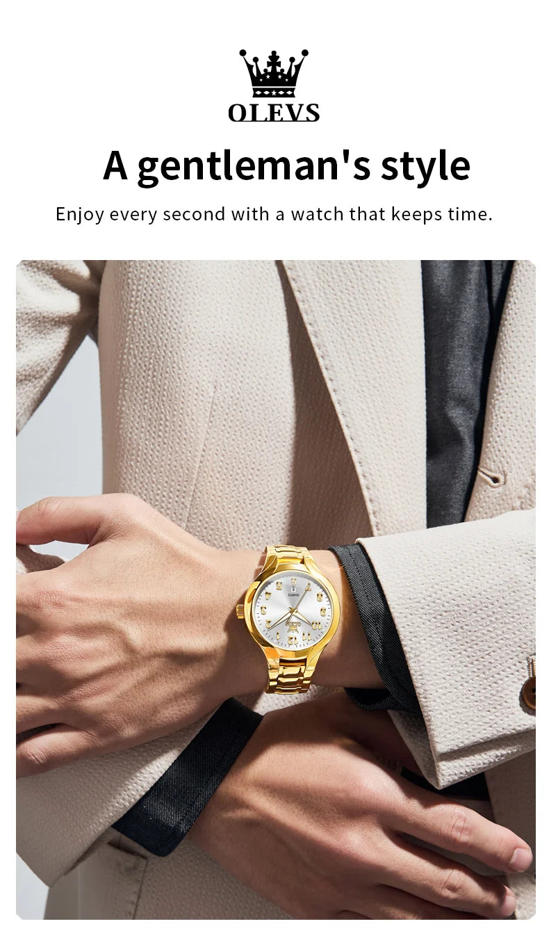 OLEVS 3650 Gold Watches for Men Classic Large Digital Dial Auto Date Waterproof Luminous Original Men's Quartz Wristwatch New
