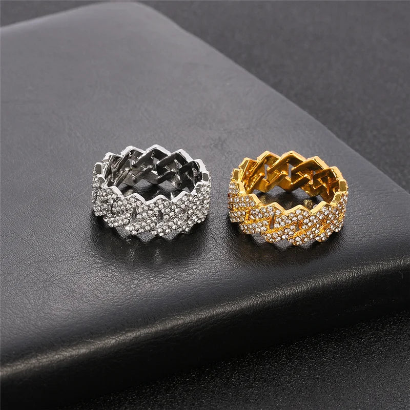 Iced Out Cuban Link Chain Ring for Men and Women, Gold Plated Bling, CZ Simulated Zircon, Hip Hop, Personalized Fashion