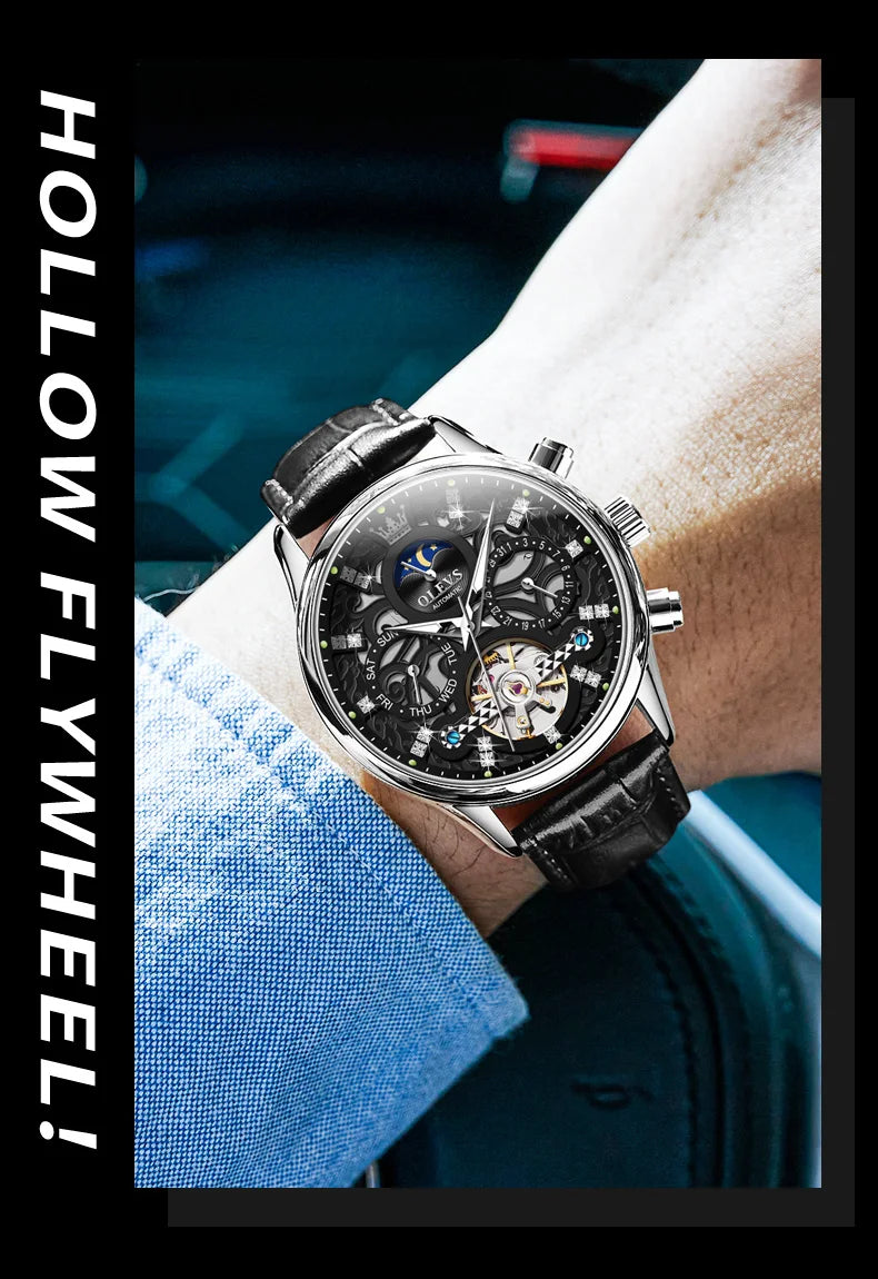OLEVS 6658 Mens Watch Original Skeleton Multifunctional Chronograph Mechanical Watch Leather Strap Watches For Man Gifts Reloj