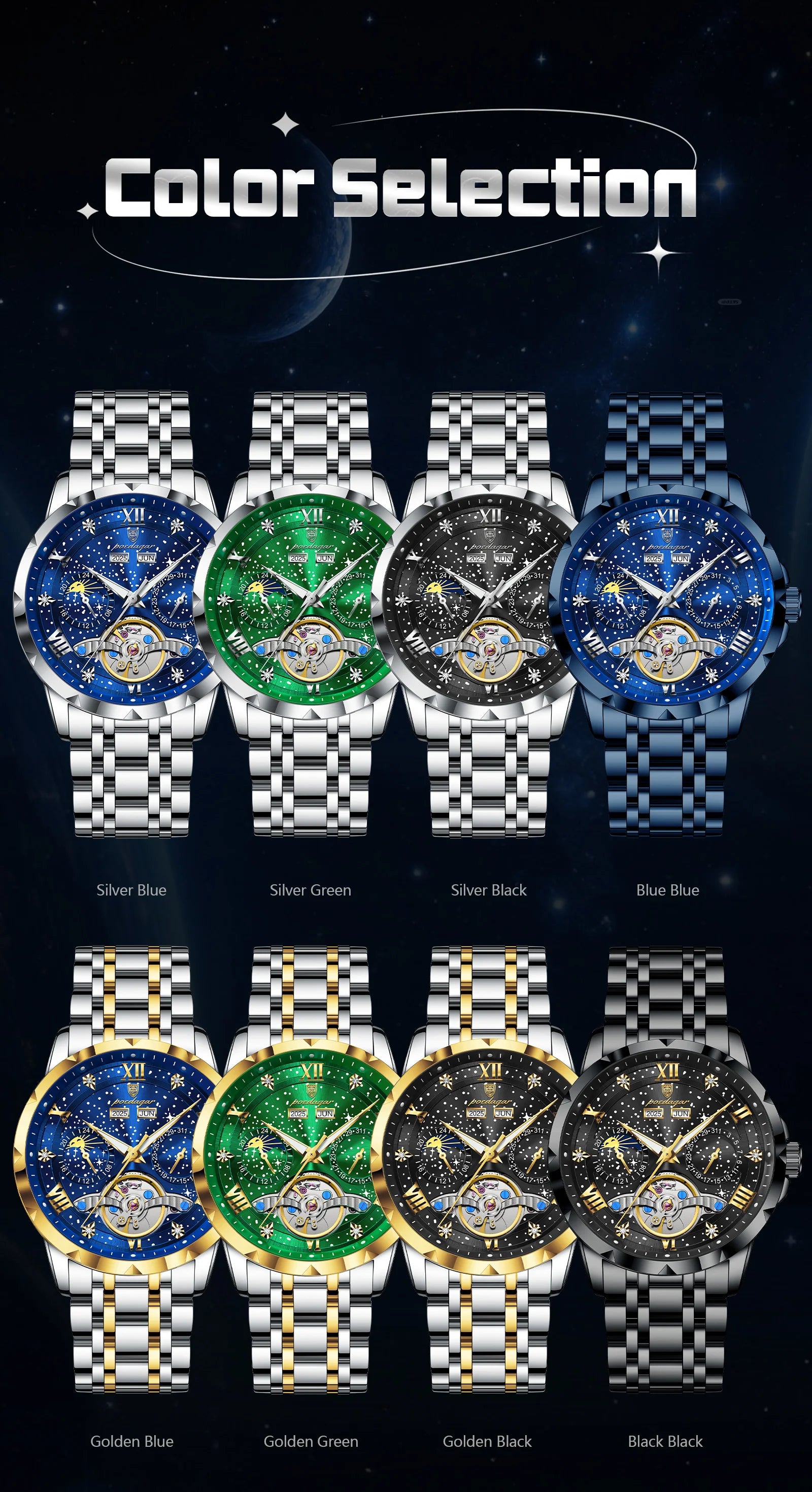 POEDAGAR Luxury Men Wristwatch Fashion Date Hollow Tourbillon Man Clock Automatic Mechanical Stainless Steel Men's Watches Reloj