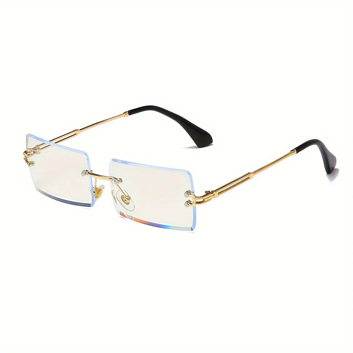 rimless, rectangular sunglasses with a brown gradient tint and decorative metal hinges.