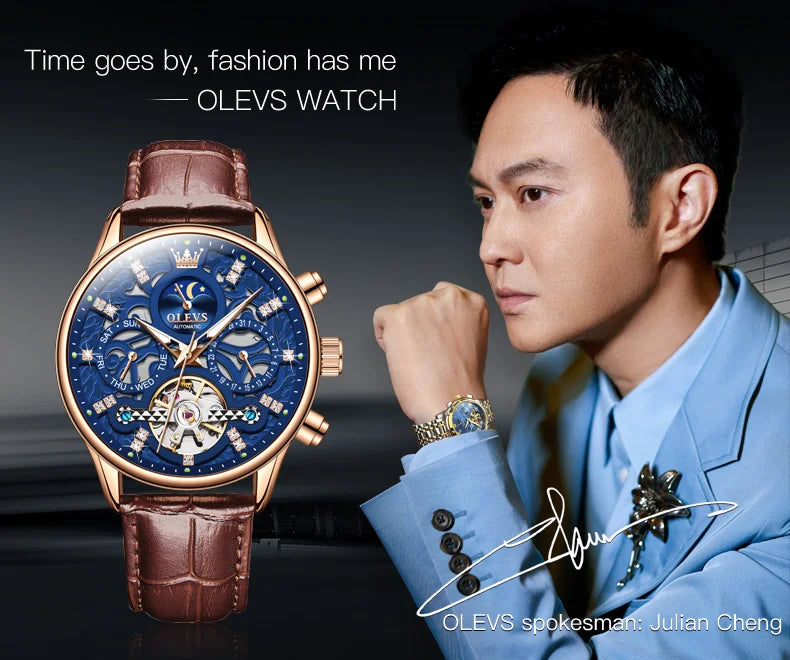 OLEVS 6658 Mens Watch Original Skeleton Multifunctional Chronograph Mechanical Watch Leather Strap Watches For Man Gifts Reloj