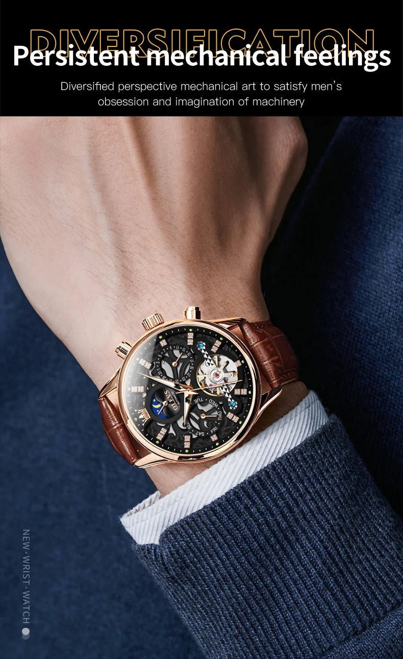 OLEVS 6658 Mens Watch Original Skeleton Multifunctional Chronograph Mechanical Watch Leather Strap Watches For Man Gifts Reloj