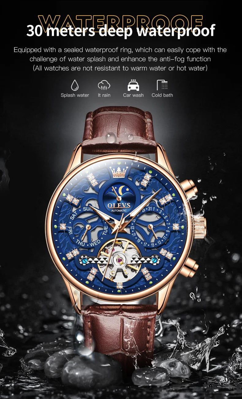 OLEVS 6658 Mens Watch Original Skeleton Multifunctional Chronograph Mechanical Watch Leather Strap Watches For Man Gifts Reloj