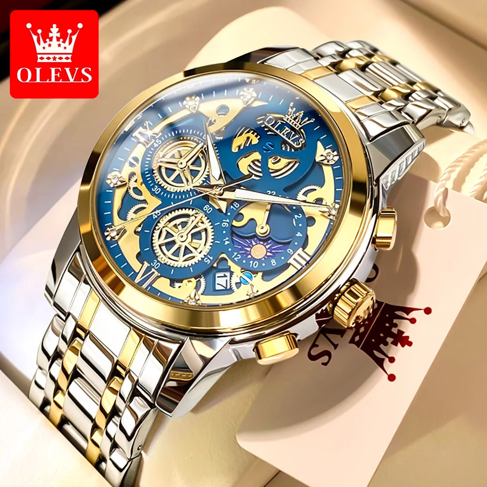 OLEVS Men's Watches Top Brand Luxury Original Waterproof Quartz Watch for Man Gold Skeleton Style 24 Hour Day Night New