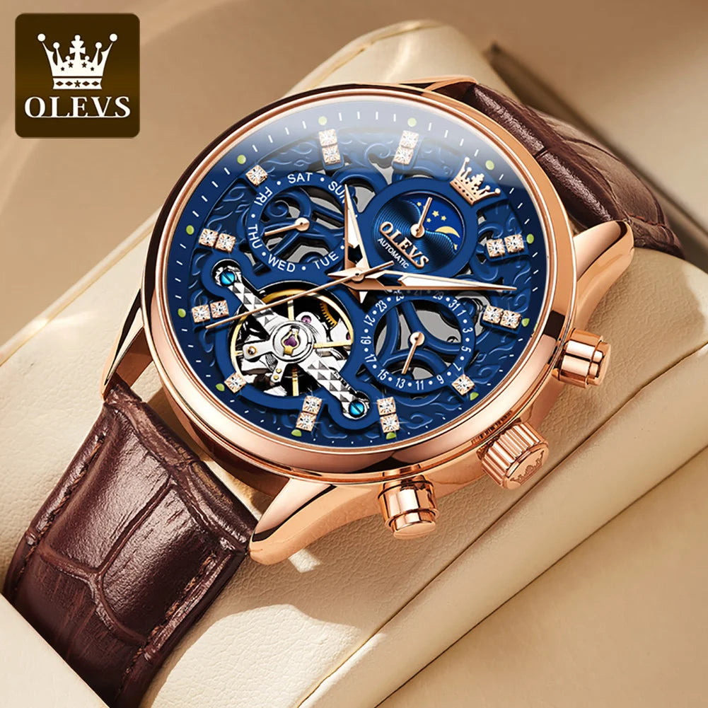 OLEVS 6658 Mens Watch Original Skeleton Multifunctional Chronograph Mechanical Watch Leather Strap Watches For Man Gifts Reloj