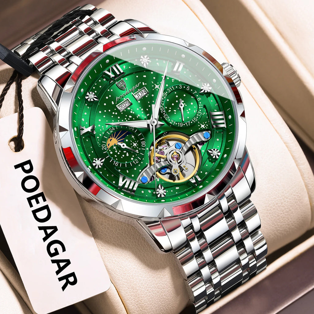 POEDAGAR Luxury Men Wristwatch Fashion Date Hollow Tourbillon Man Clock Automatic Mechanical Stainless Steel Men's Watches Reloj