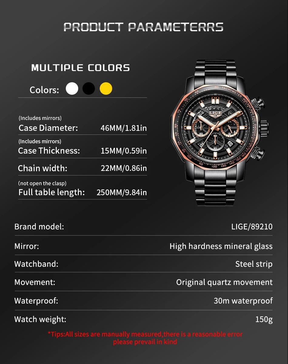 LIGE New Sport Chronograph Mens Watches Top Brand Luxury Full Steel Quartz Clock Waterproof Big Dial Watch Men Montre Homme
