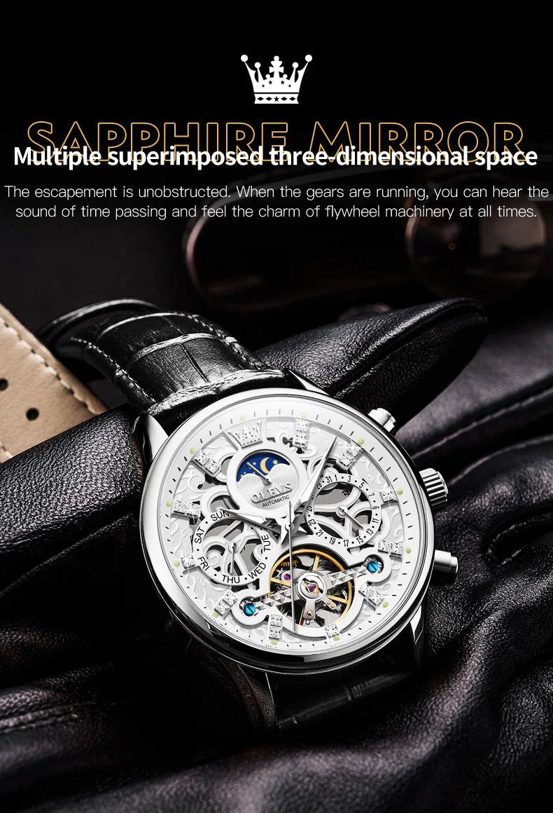 OLEVS 6658 Mens Watch Original Skeleton Multifunctional Chronograph Mechanical Watch Leather Strap Watches For Man Gifts Reloj