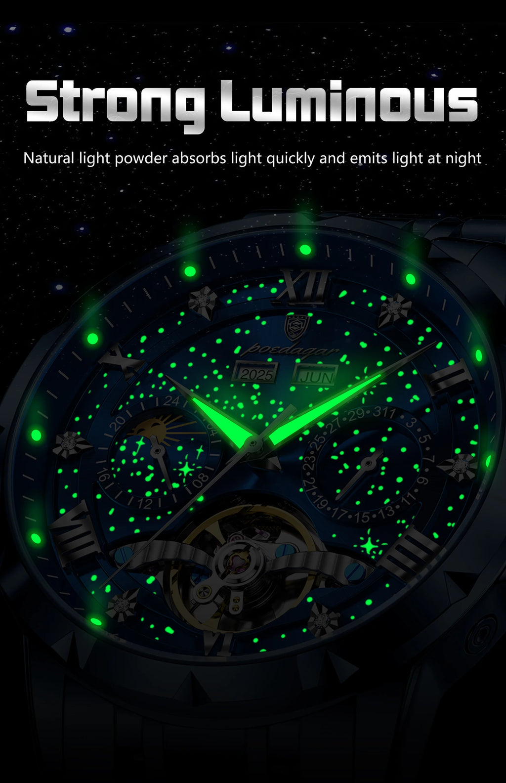 POEDAGAR Luxury Men Wristwatch Fashion Date Hollow Tourbillon Man Clock Automatic Mechanical Stainless Steel Men's Watches Reloj