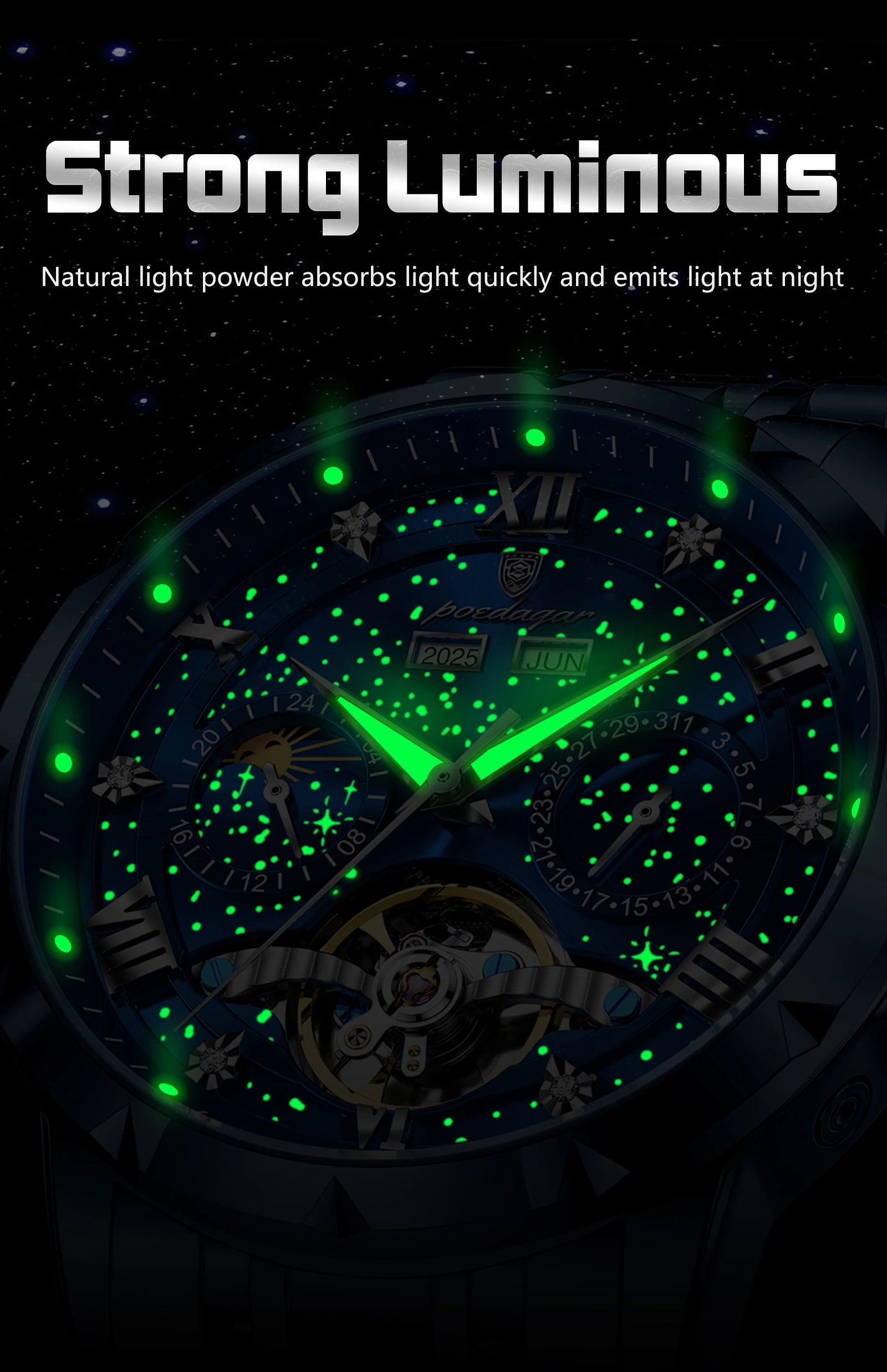 POEDAGAR Luxury Men Wristwatch Fashion Date Hollow Tourbillon Man Clock Automatic Mechanical Stainless Steel Men's Watches Reloj