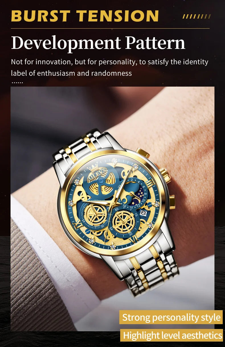 OLEVS Men's Watches Top Brand Luxury Original Waterproof Quartz Watch for Man Gold Skeleton Style 24 Hour Day Night New