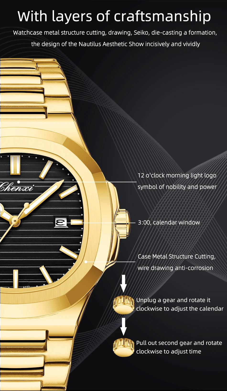 Watches For Men Luxury CHENXI Brand Waterproof Calendar Luminous Watch Man Gold Stainless Steel Quartz Wristwatch Male Clock