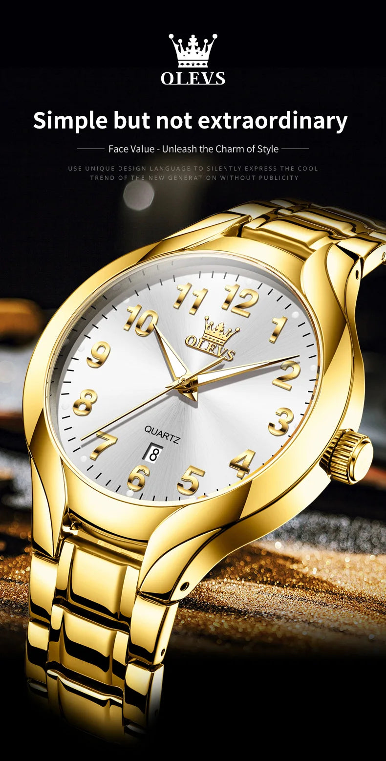 OLEVS 3650 Gold Watches for Men Classic Large Digital Dial Auto Date Waterproof Luminous Original Men's Quartz Wristwatch New