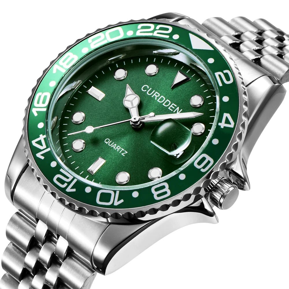 CURDDEN Brand Watches For Men Full Stainless Steel With Golden Date Quartz.