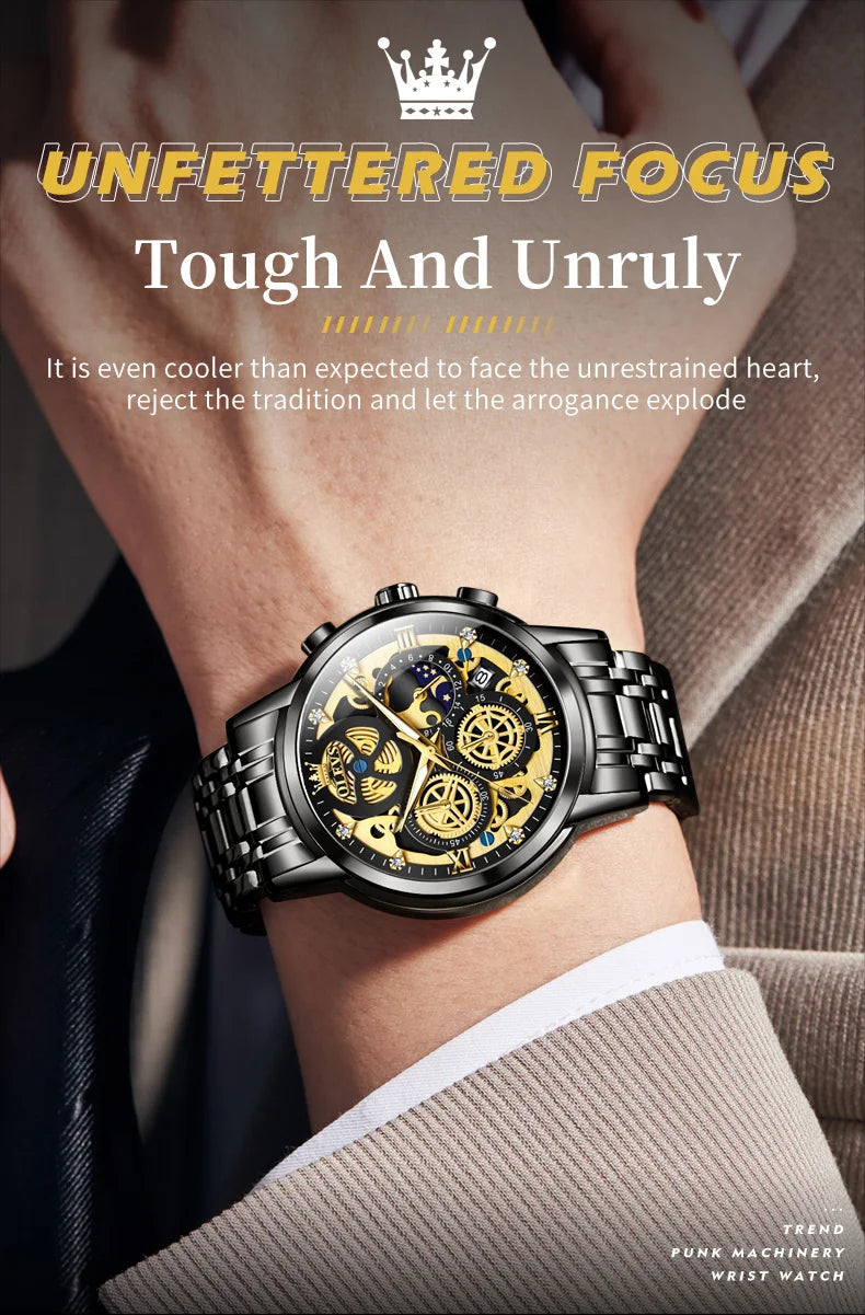 OLEVS Men's Watches Top Brand Luxury Original Waterproof Quartz Watch for Man Gold Skeleton Style 24 Hour Day Night New