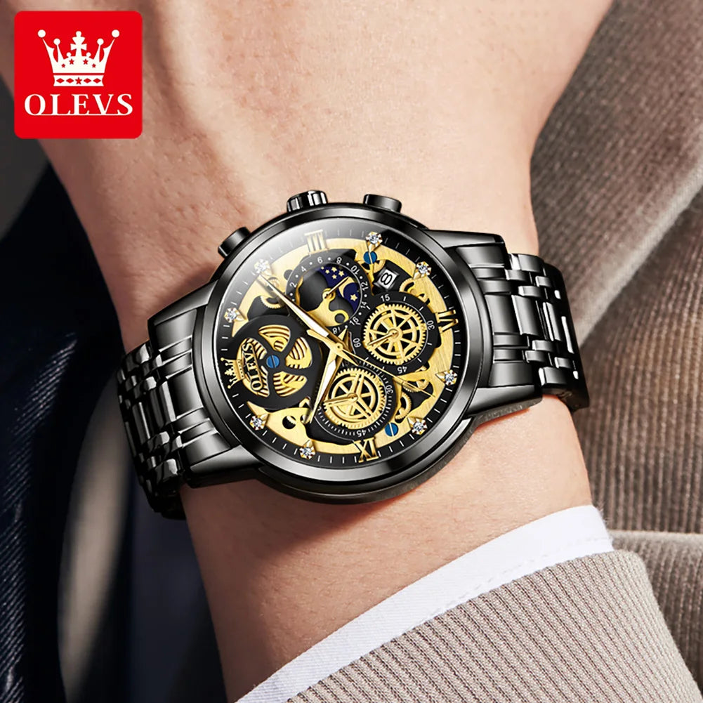 OLEVS Men's Watches Top Brand Luxury Original Waterproof Quartz Watch for Man Gold Skeleton Style 24 Hour Day Night New