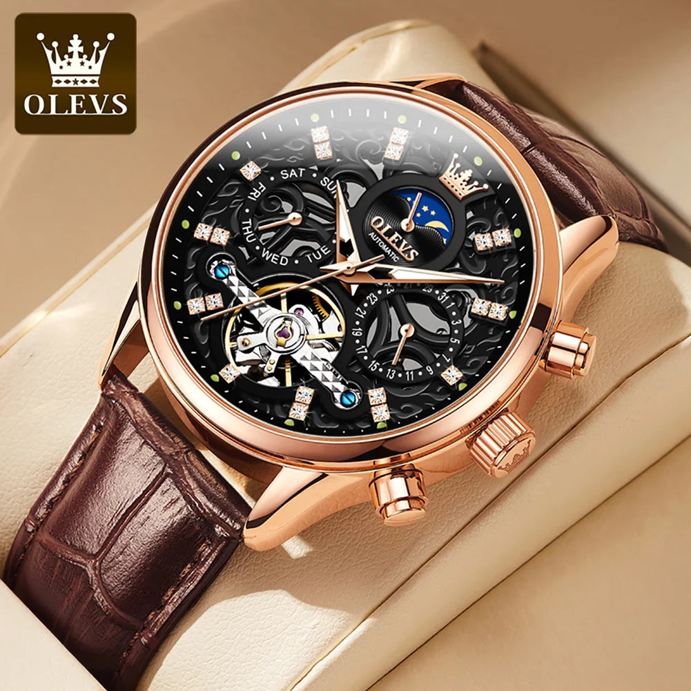 OLEVS 6658 Mens Watch Original Skeleton Multifunctional Chronograph Mechanical Watch Leather Strap Watches For Man Gifts Reloj