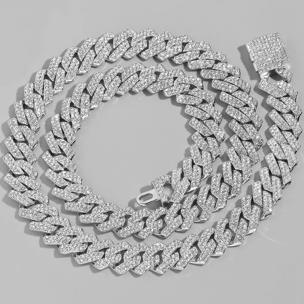 Silver Color 14mm Prong Miami Cuban Link Chain Necklace For Women Iced Out 2 Row Rhinestones Square Cuban Link Choker Jewelry
