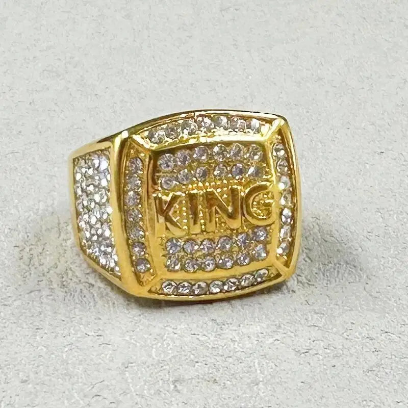 Hip Hop full rhinestone 316L Stainless Steel Gold color King Finger Rings for Men.