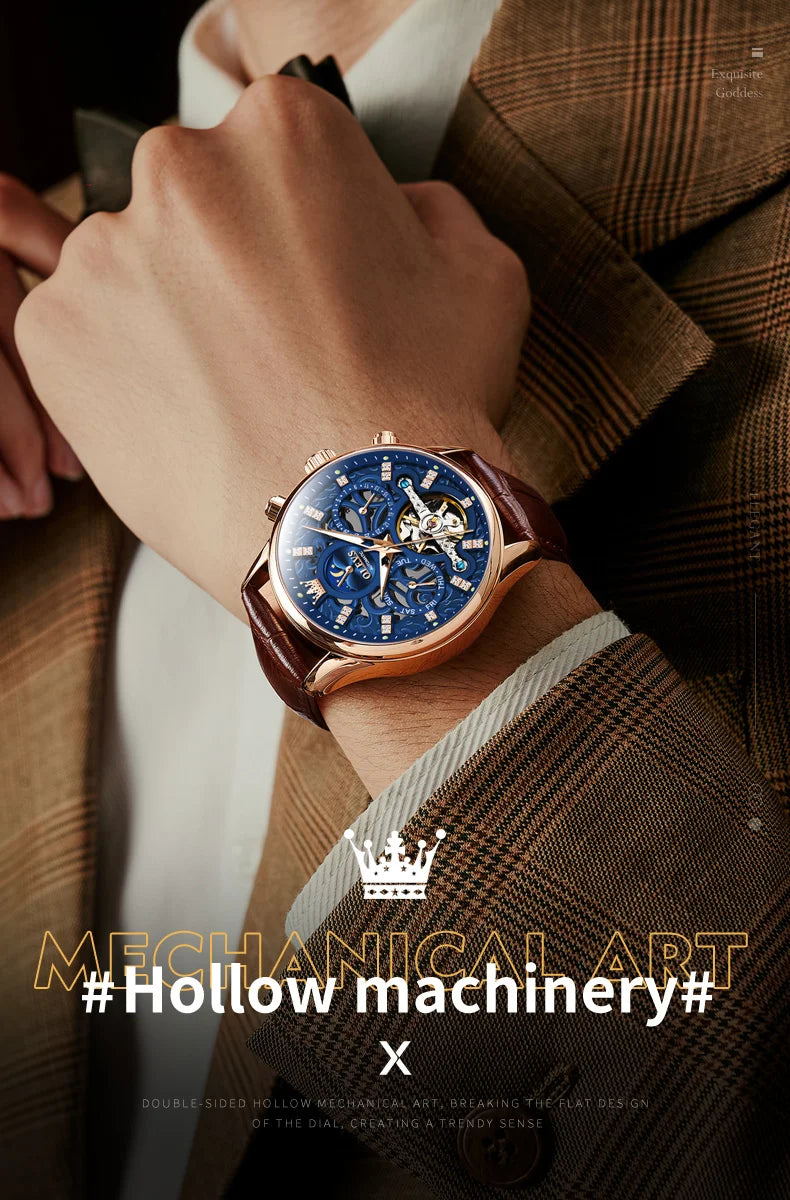 OLEVS 6658 Mens Watch Original Skeleton Multifunctional Chronograph Mechanical Watch Leather Strap Watches For Man Gifts Reloj