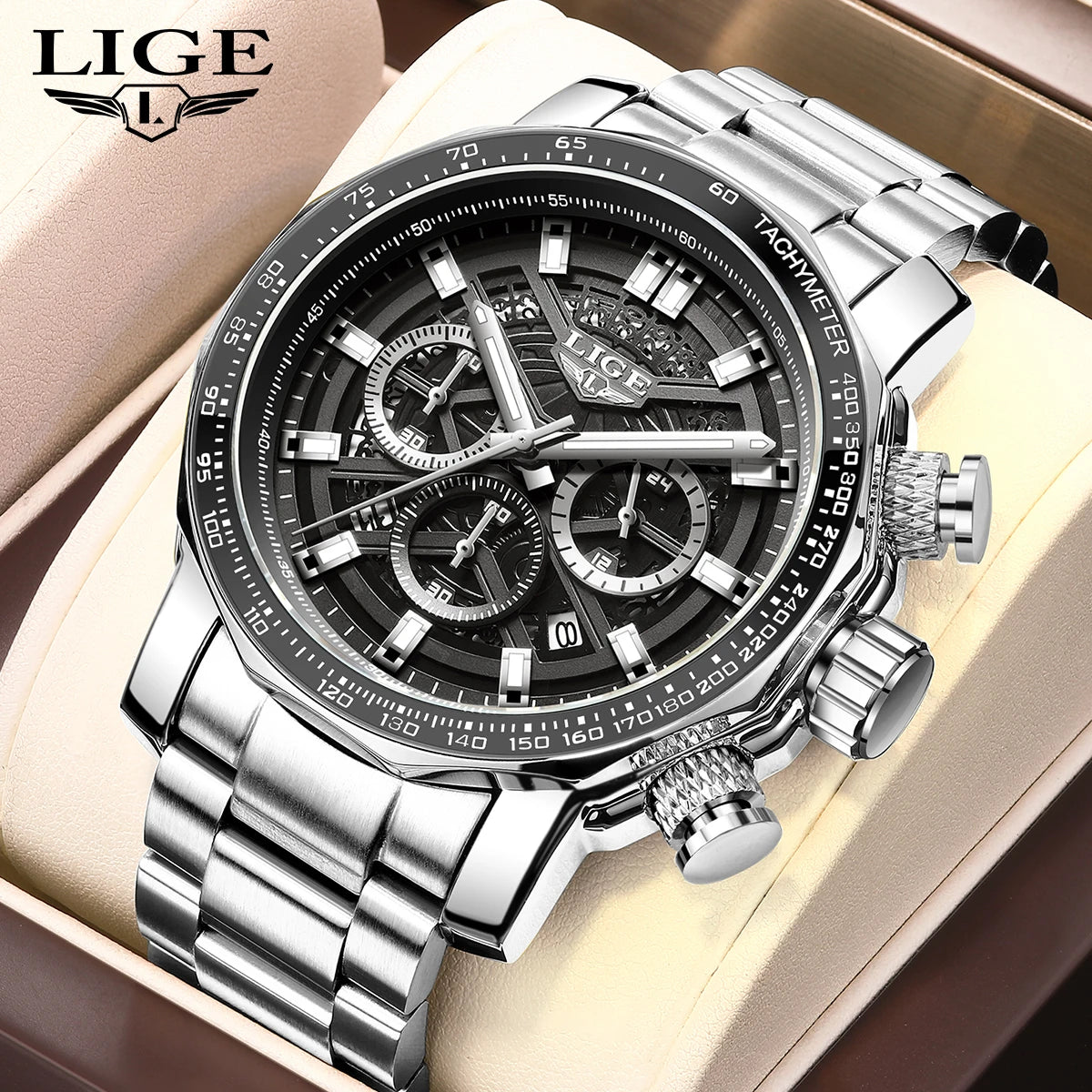LIGE New Sport Chronograph Mens Watches Top Brand Luxury Full Steel Quartz Clock Waterproof Big Dial Watch Men Montre Homme