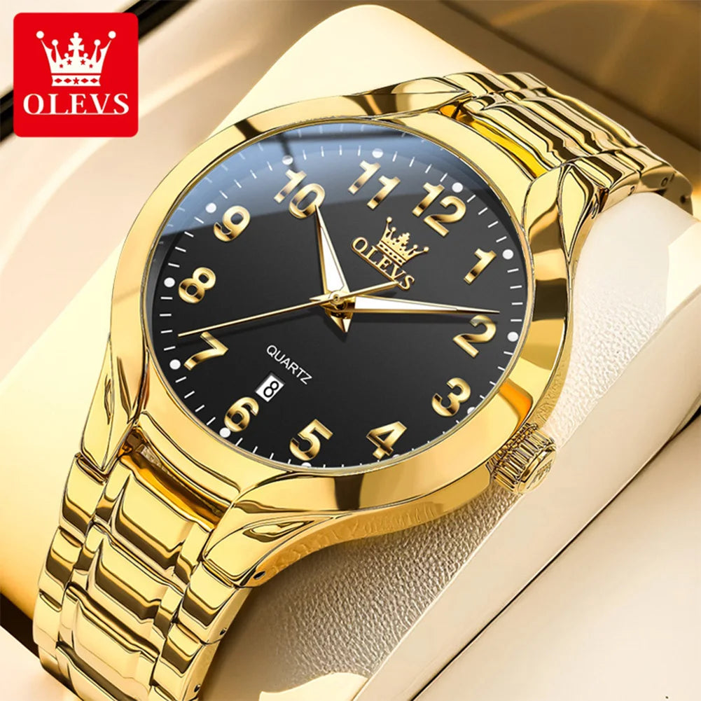OLEVS 3650 Gold Watches for Men Classic Large Digital Dial Auto Date Waterproof Luminous Original Men's Quartz Wristwatch New