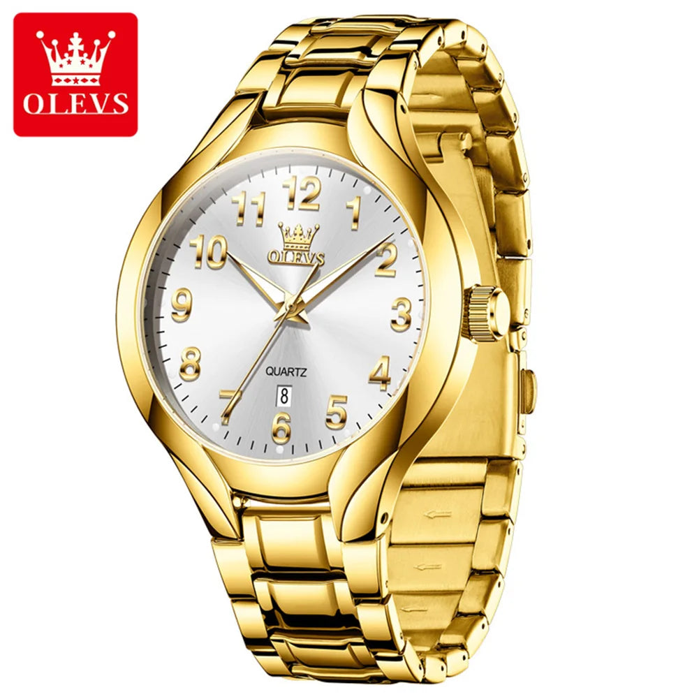 OLEVS 3650 Gold Watches for Men Classic Large Digital Dial Auto Date Waterproof Luminous Original Men's Quartz Wristwatch New