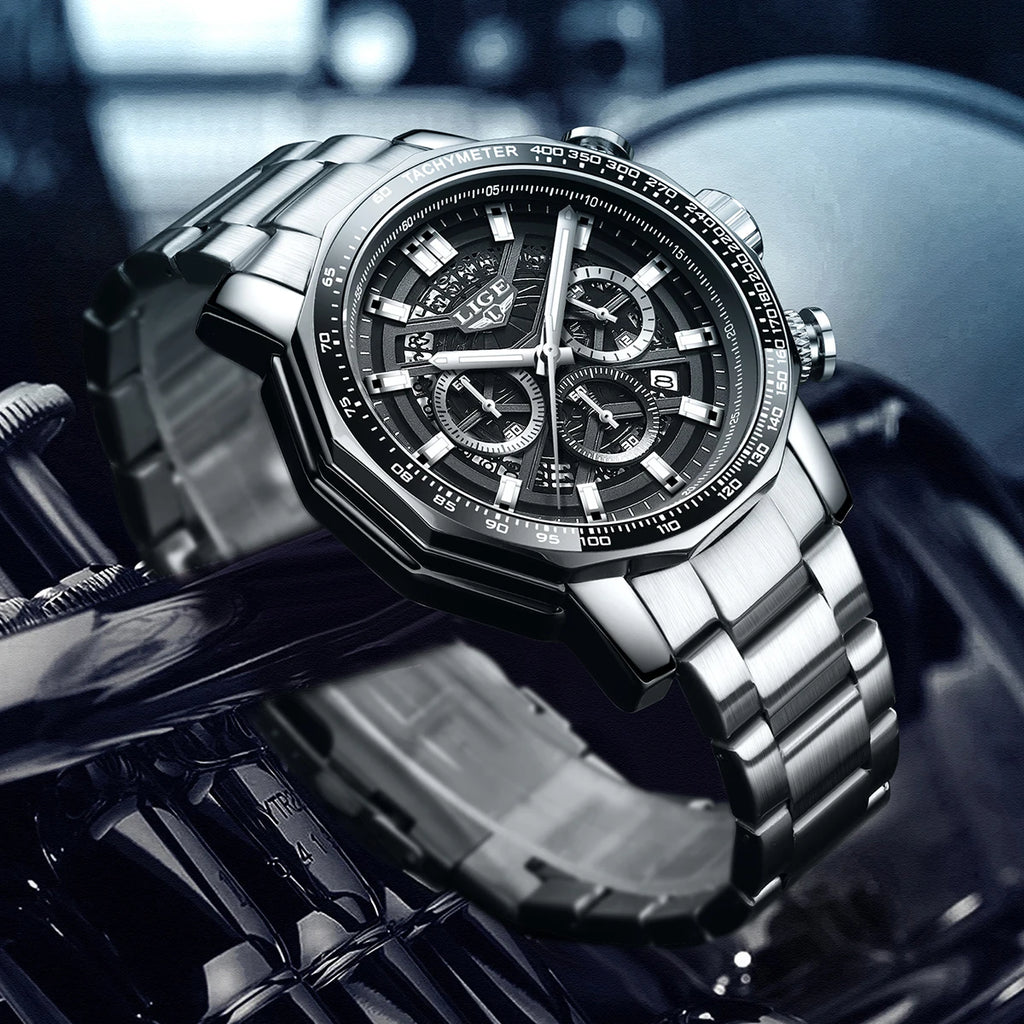LIGE New Sport Chronograph Mens Watches Top Brand Luxury Full Steel Quartz Clock Waterproof Big Dial Watch Men Montre Homme