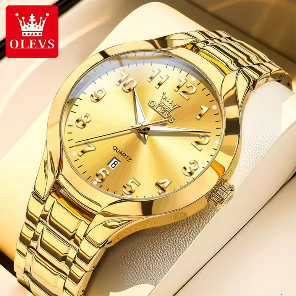 OLEVS 3650 Gold Watches for Men Classic Large Digital Dial Auto Date Waterproof Luminous Original Men's Quartz Wristwatch New