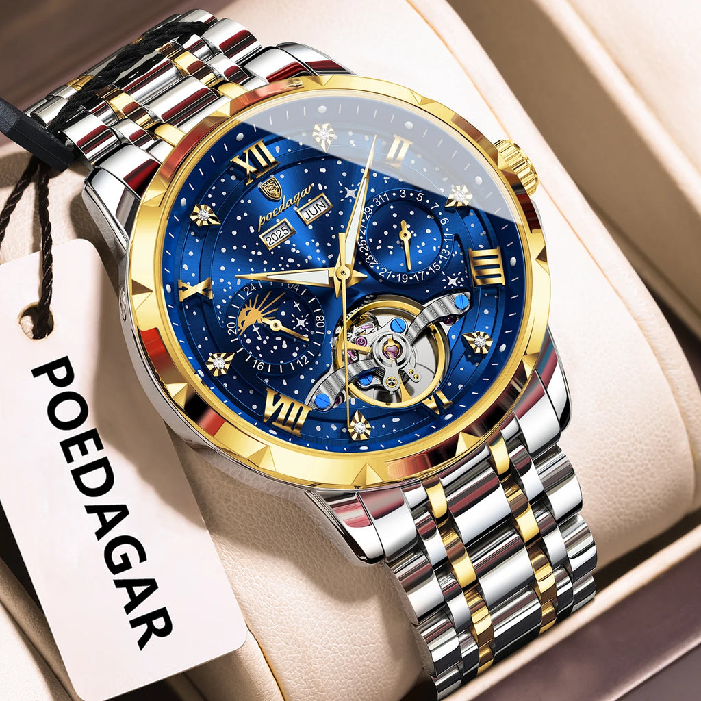 POEDAGAR Luxury Men Wristwatch Fashion Date Hollow Tourbillon Man Clock Automatic Mechanical Stainless Steel Men's Watches Reloj