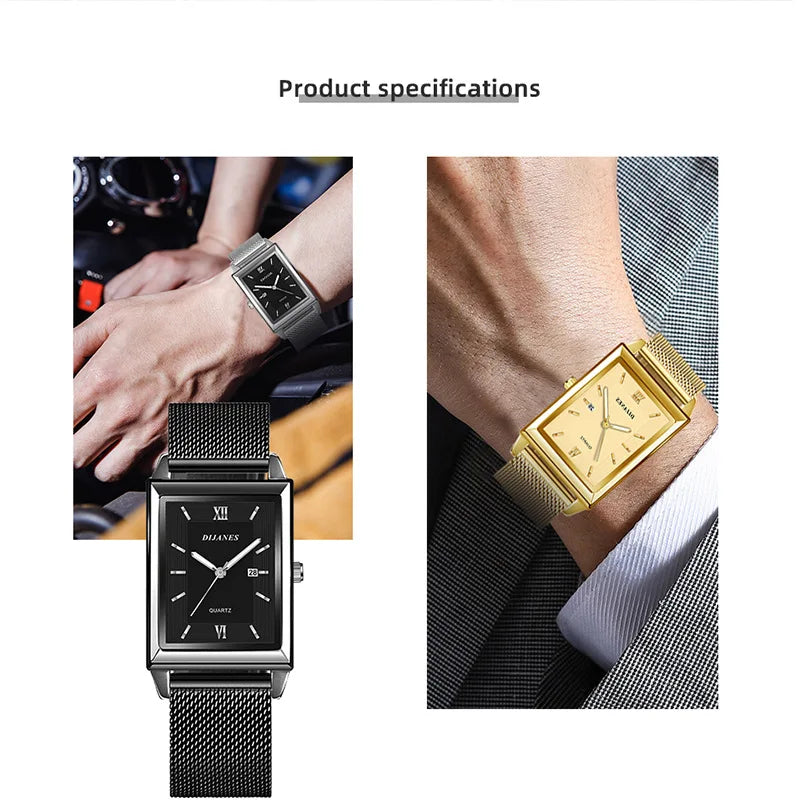 Top Brand Luxury Watches for Men Fashion Quartz Wristwatch Square Gold Stainless Steel Business Clock Relogio Masculino