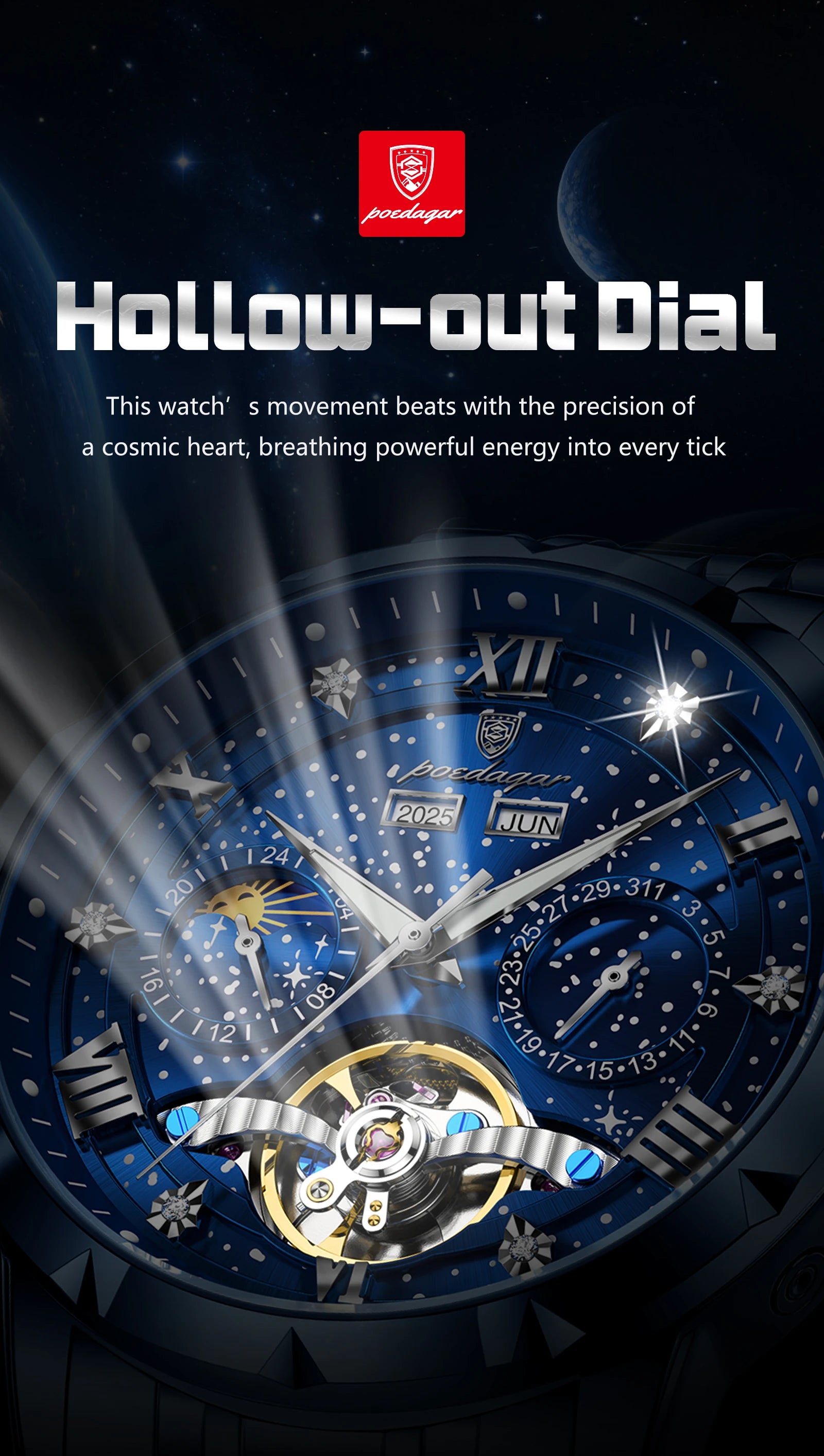 POEDAGAR Luxury Men Wristwatch Fashion Date Hollow Tourbillon Man Clock Automatic Mechanical Stainless Steel Men's Watches Reloj