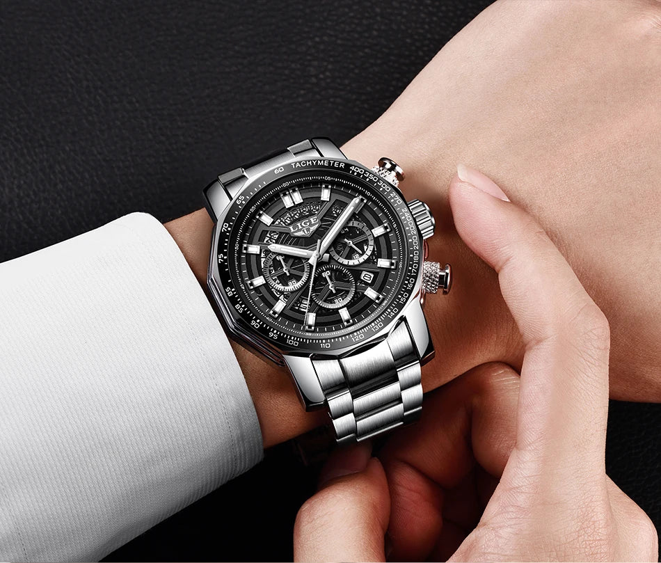 LIGE New Sport Chronograph Mens Watches Top Brand Luxury Full Steel Quartz Clock Waterproof Big Dial Watch Men Montre Homme