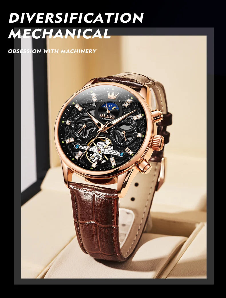 OLEVS 6658 Mens Watch Original Skeleton Multifunctional Chronograph Mechanical Watch Leather Strap Watches For Man Gifts Reloj