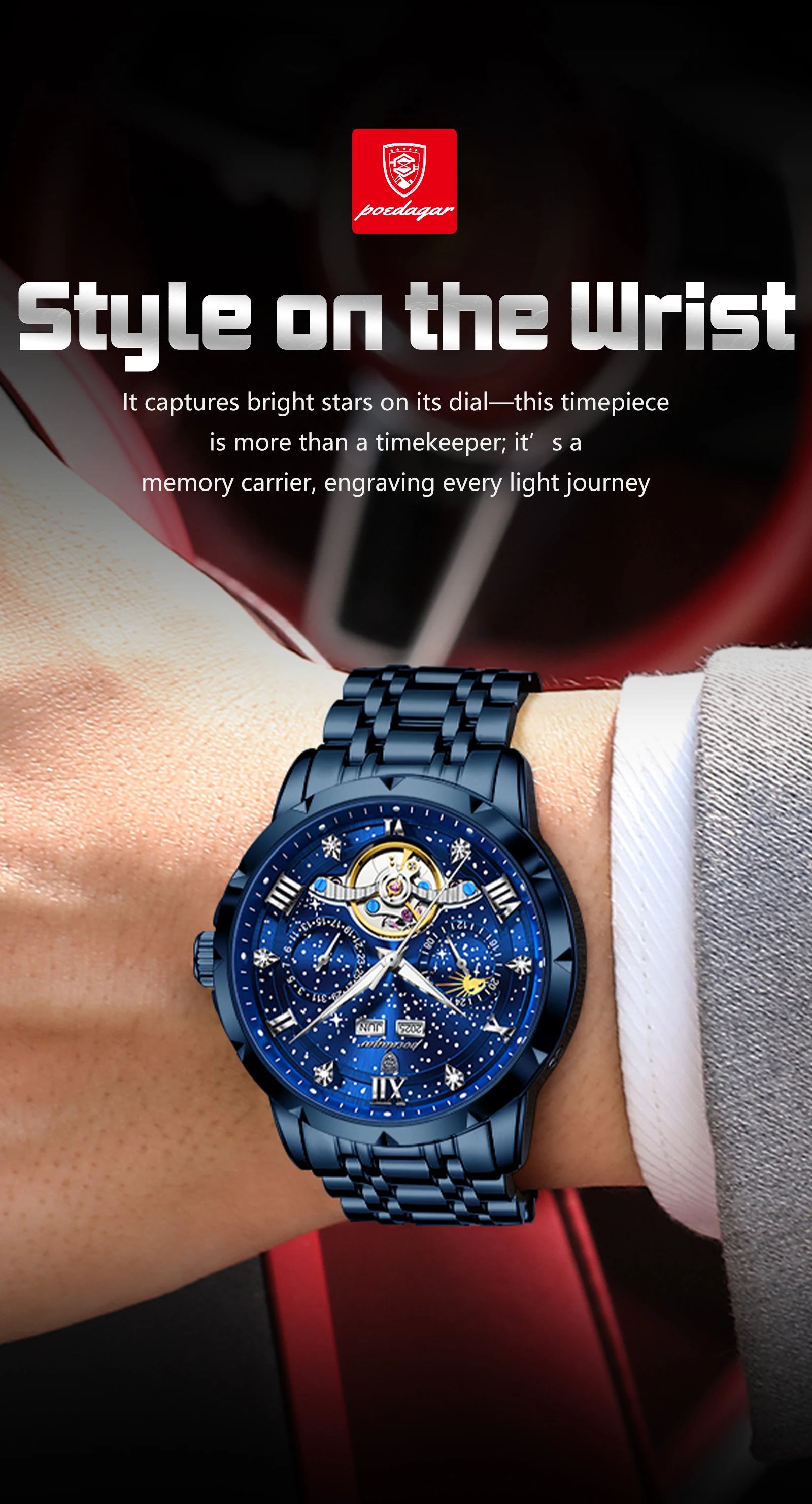 POEDAGAR Luxury Men Wristwatch Fashion Date Hollow Tourbillon Man Clock Automatic Mechanical Stainless Steel Men's Watches Reloj